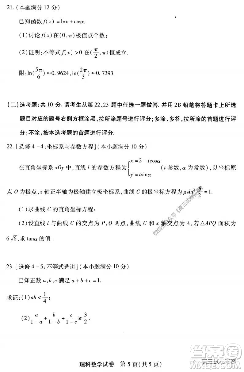 武漢市2020屆高中畢業(yè)生五月質(zhì)量檢測理科數(shù)學試題及答案