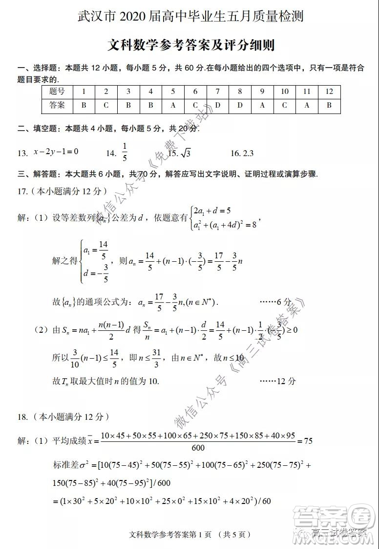 武漢市2020屆高中畢業(yè)生五月質(zhì)量檢測文科數(shù)學試題及答案