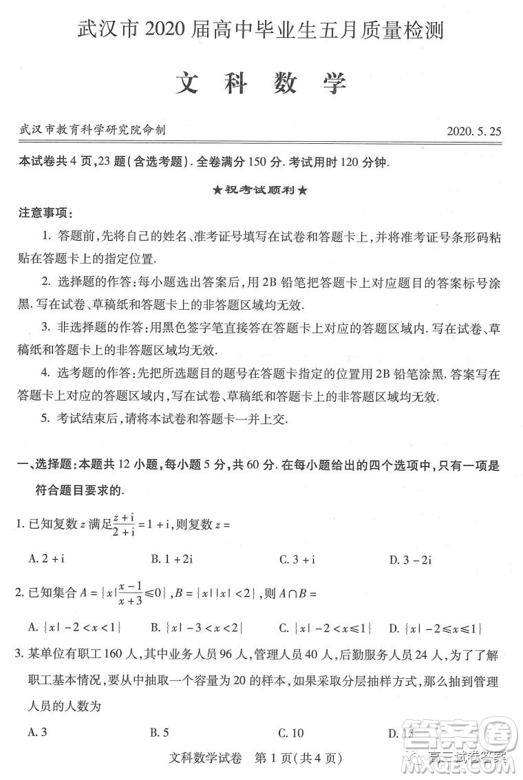 武漢市2020屆高中畢業(yè)生五月質(zhì)量檢測文科數(shù)學試題及答案