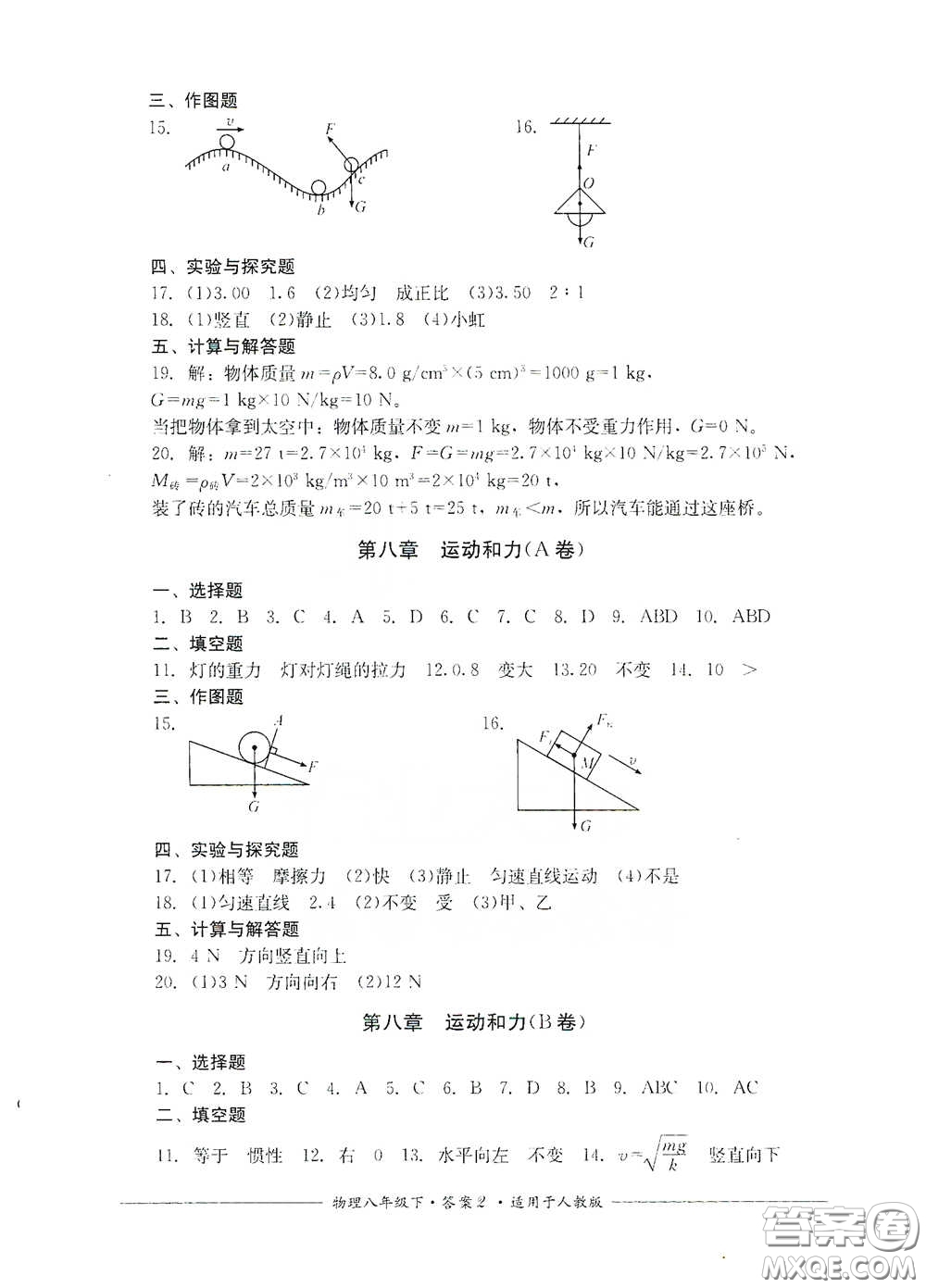 四川教育出版社2020單元測(cè)評(píng)八年級(jí)物理下冊(cè)人教版答案