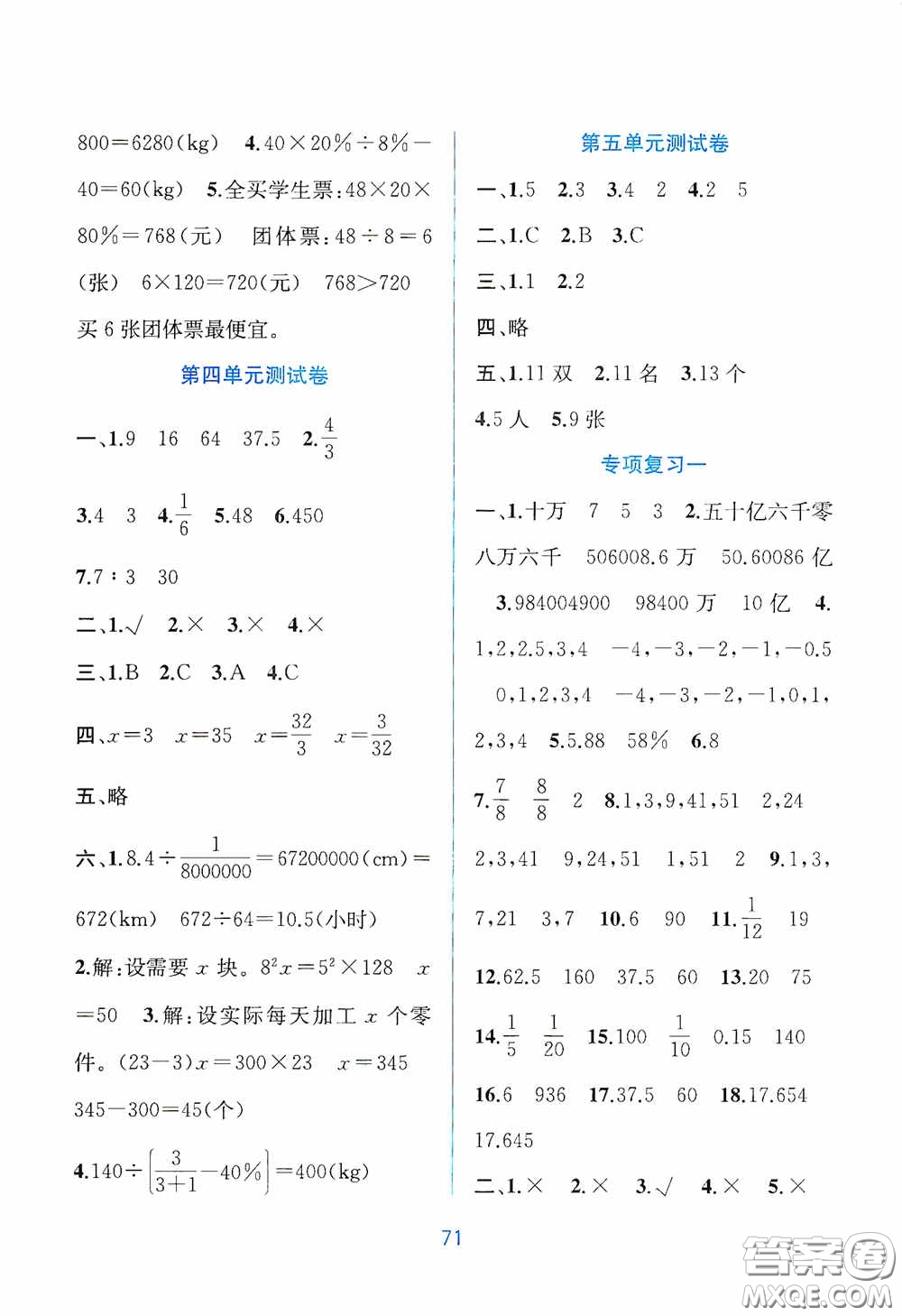 希望出版社2020全程檢測(cè)單元測(cè)試卷六年級(jí)數(shù)學(xué)下冊(cè)A版答案