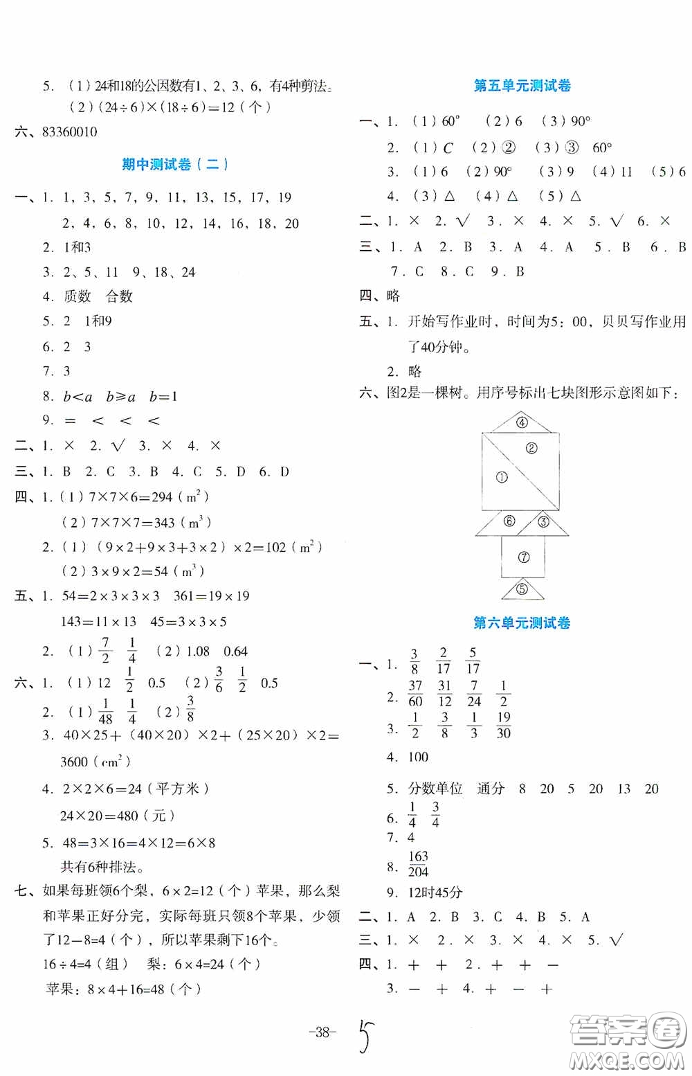 湖南教育出版社2020湘教考苑單元測試卷五年級(jí)數(shù)學(xué)下冊(cè)人教版答案