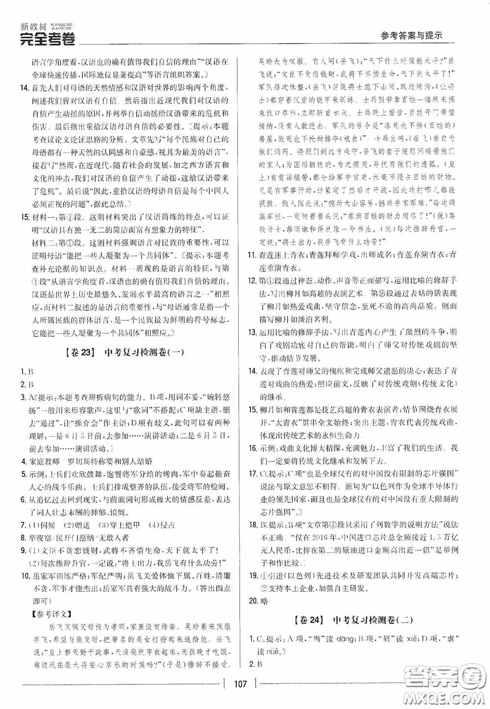 2020新教材完全考卷九年級(jí)語(yǔ)文下冊(cè)新課標(biāo)人教版答案