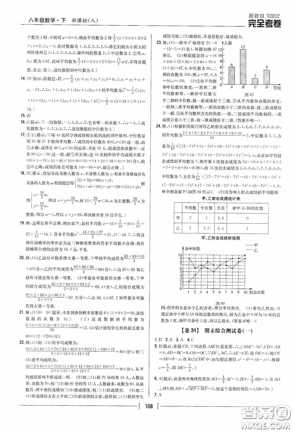 2020新教材完全考卷八年級(jí)數(shù)學(xué)下冊(cè)新課標(biāo)人教版答案