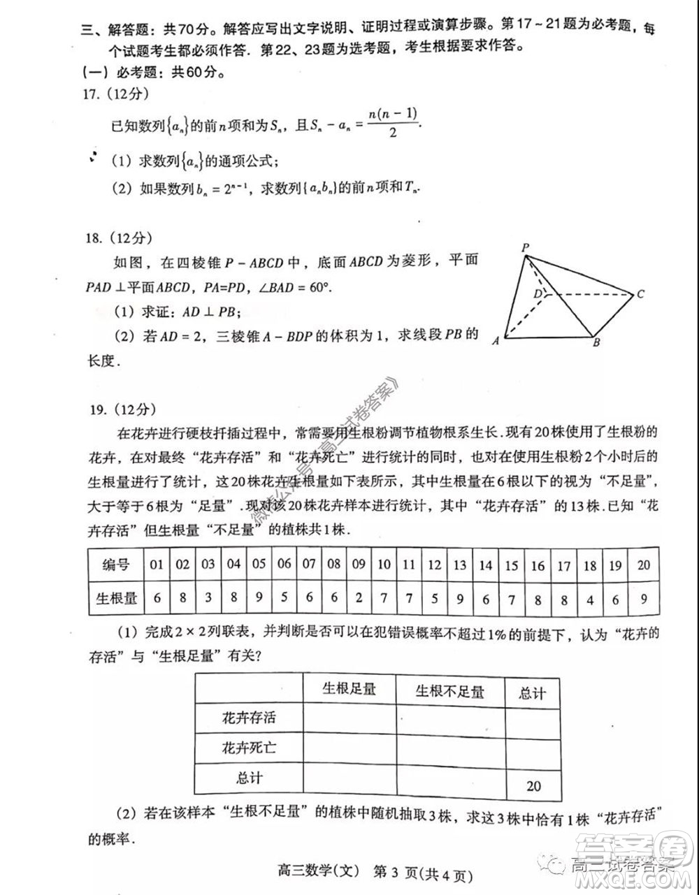 濟(jì)源平頂山許昌2020年高三第三次質(zhì)量檢測文科數(shù)學(xué)試題及答案