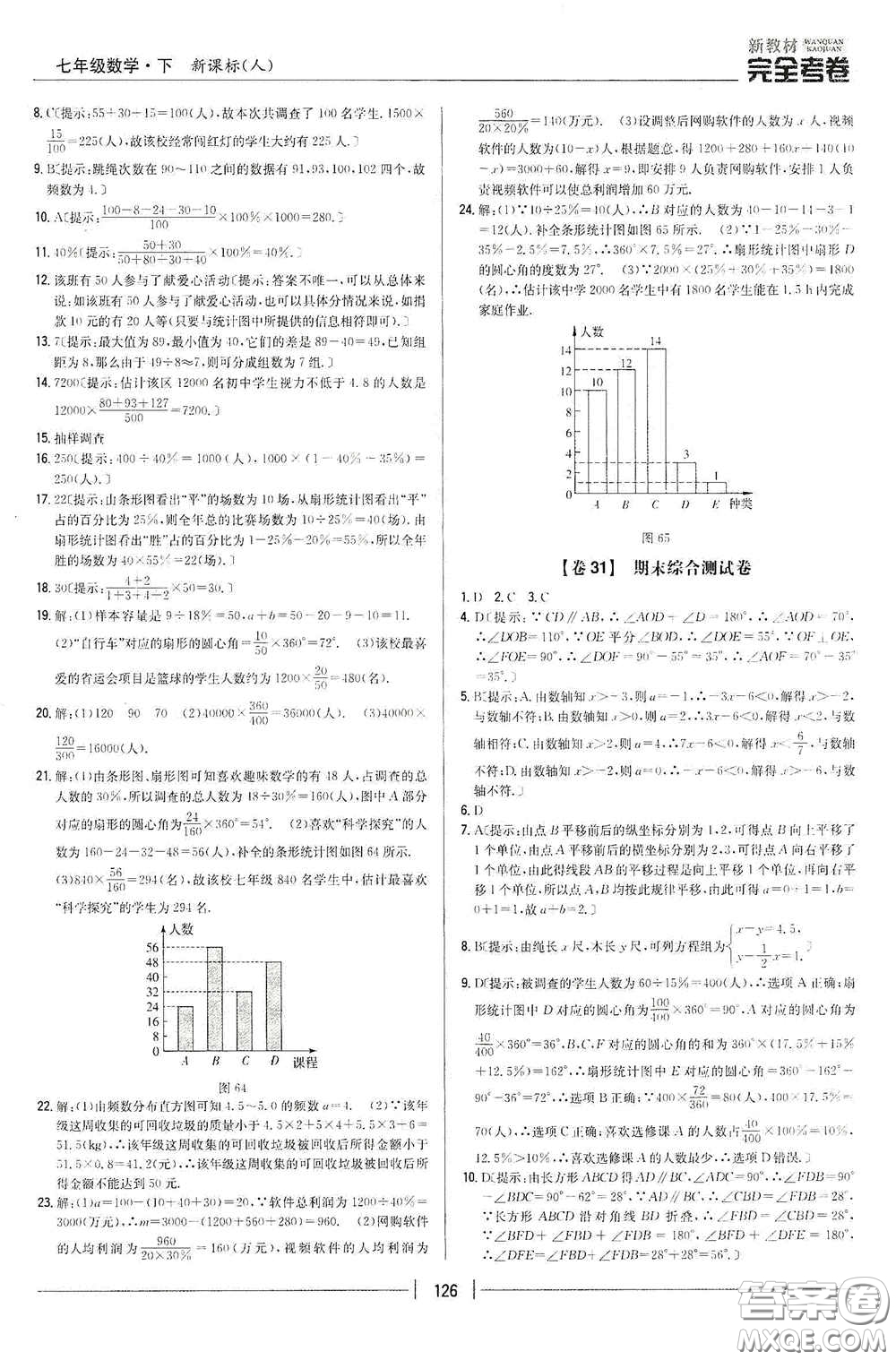 吉林人民出版社2020新教材完全考卷七年級數(shù)學(xué)下冊新課標(biāo)人教版答案