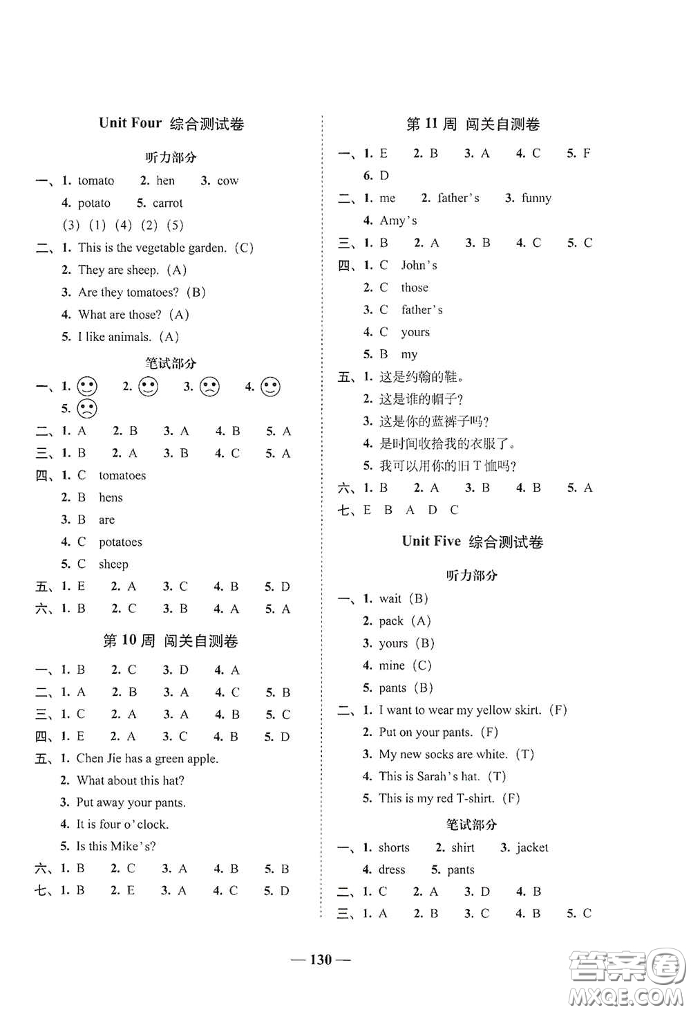 2020年A全程練考卷四年級英語下冊答案