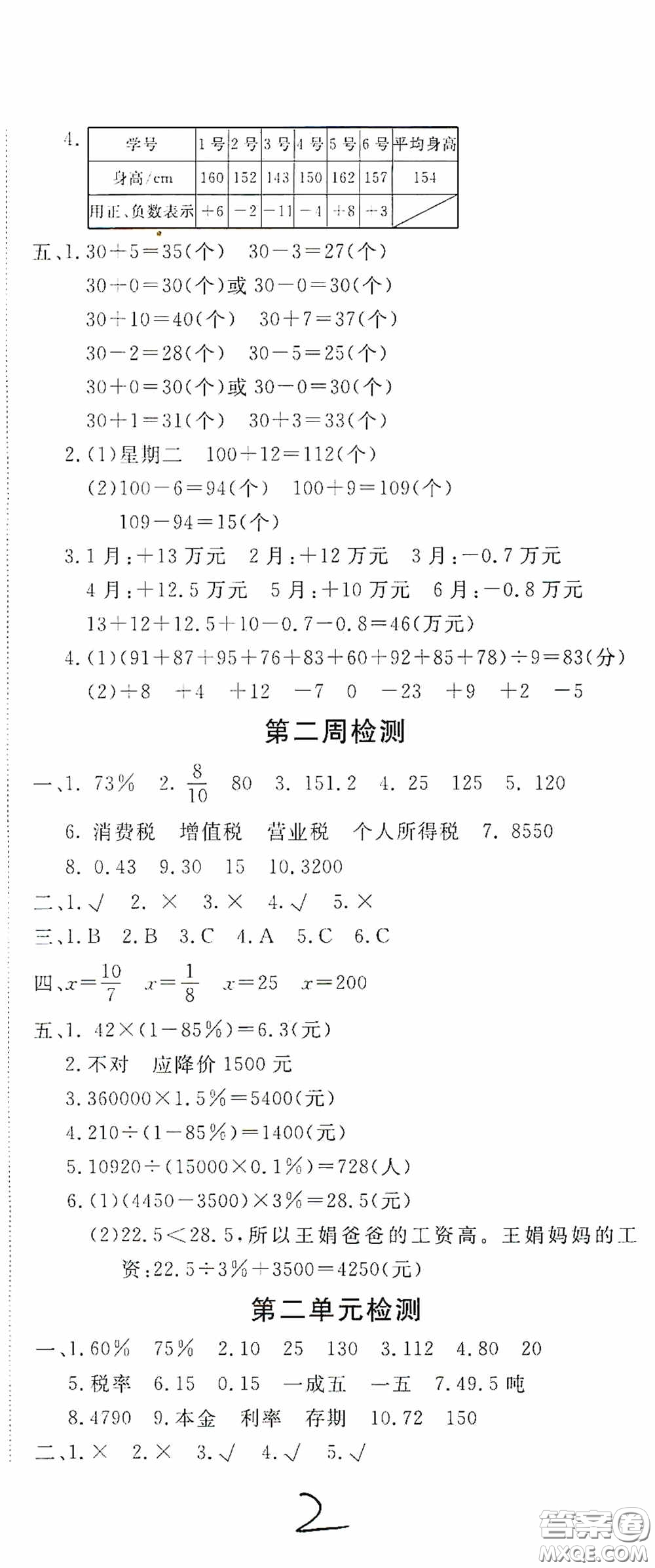 2020年全能練考卷六年級(jí)數(shù)學(xué)下冊(cè)人教版答案