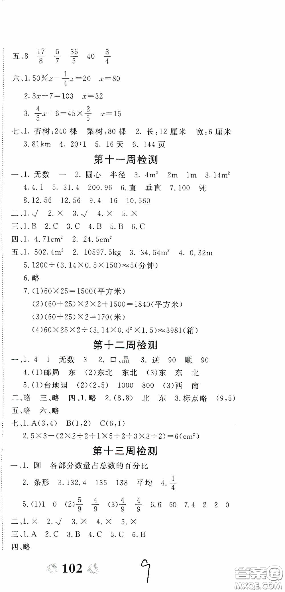 2020年全能練考卷六年級(jí)數(shù)學(xué)下冊(cè)人教版答案