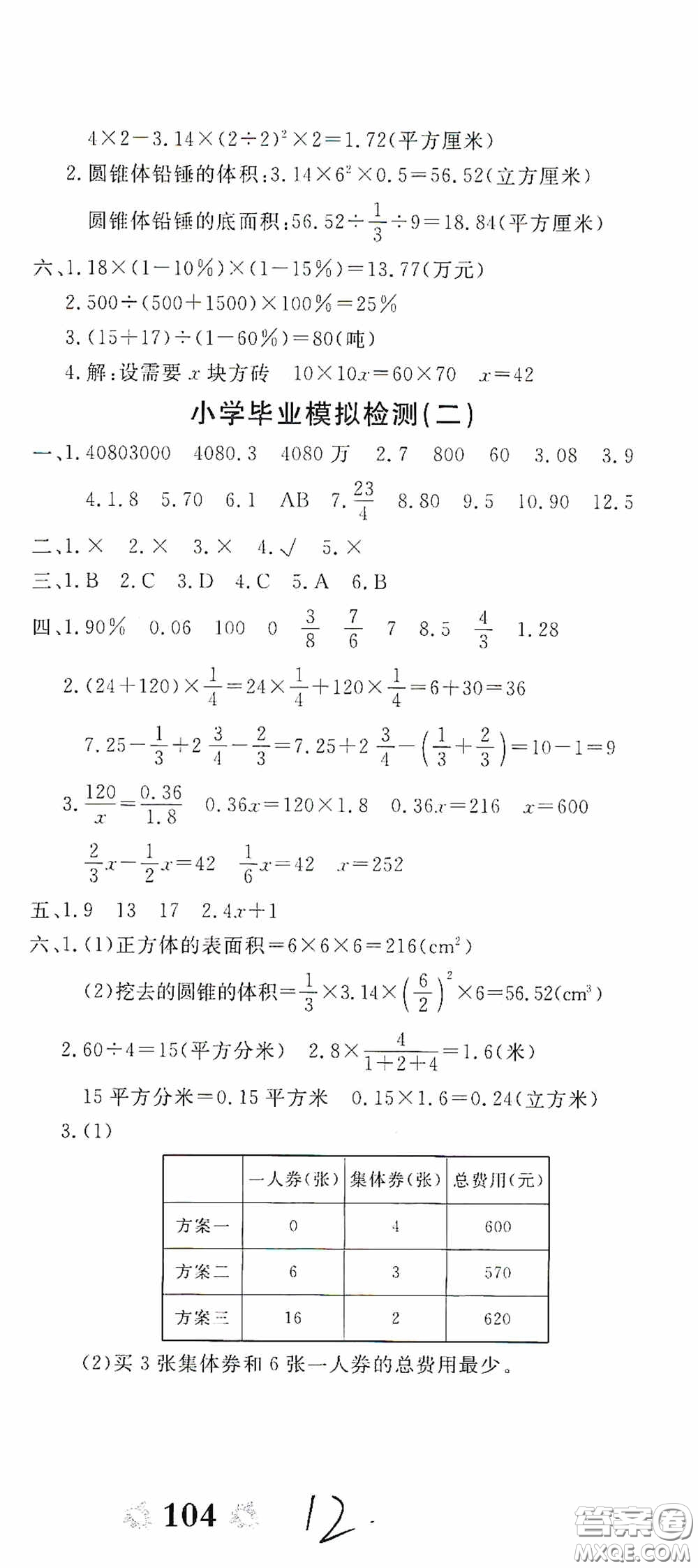 2020年全能練考卷六年級(jí)數(shù)學(xué)下冊(cè)人教版答案