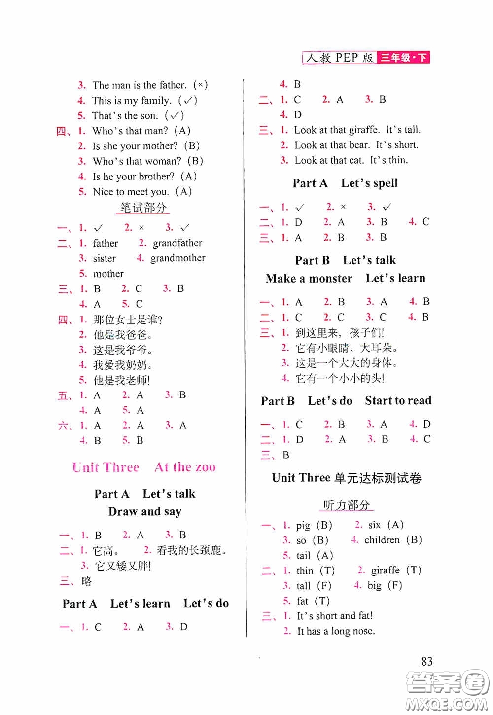 2020隨堂檢測(cè)天天練三年級(jí)英語下冊(cè)人教版答案