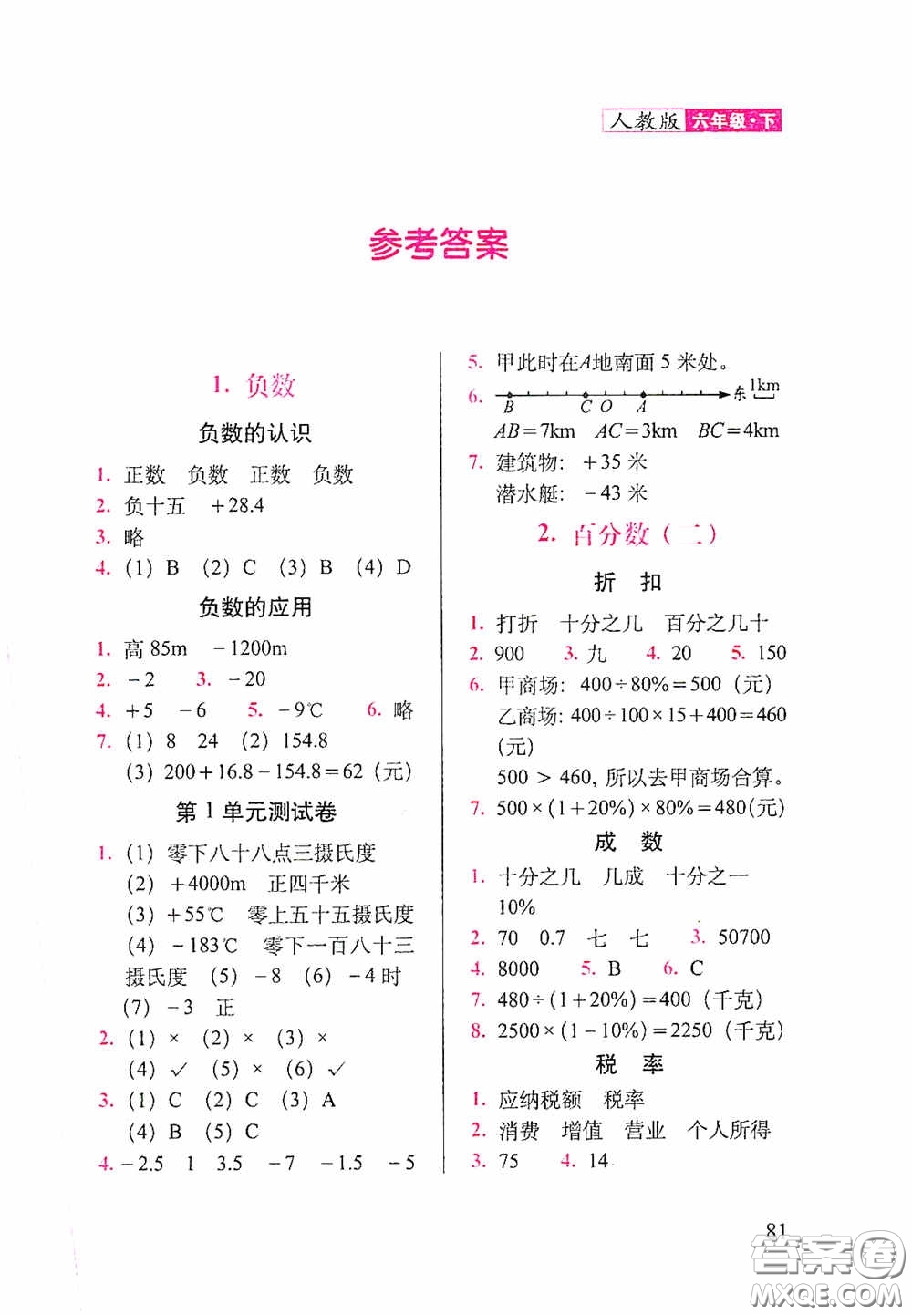 2020隨堂檢測天天練六年級數(shù)學(xué)下冊人教版答案