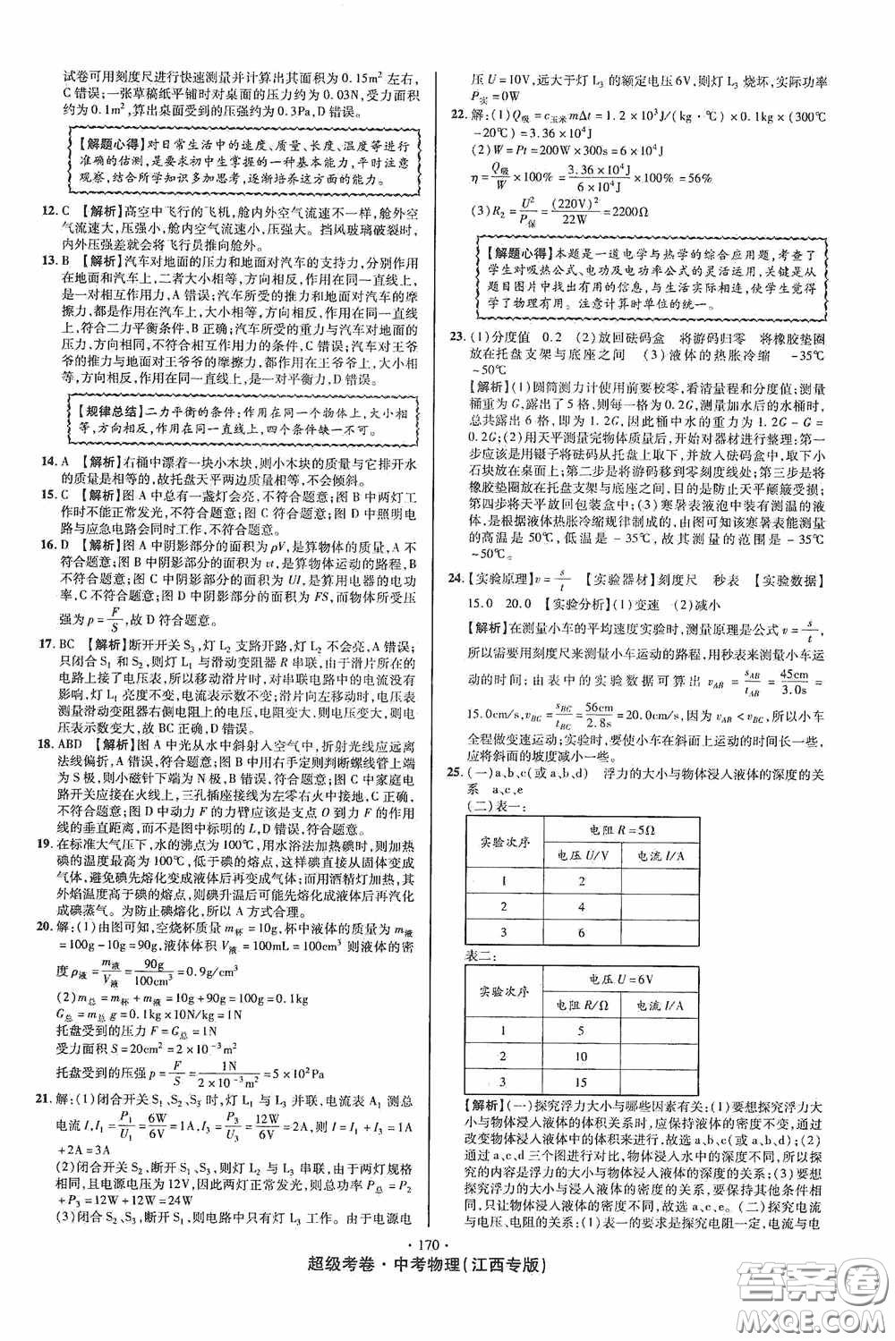 超級考卷2020江西中考必做試卷物理答案