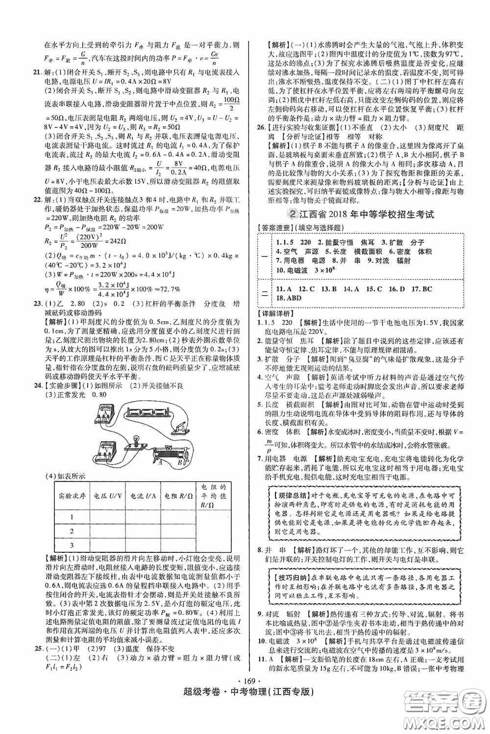 超級考卷2020江西中考必做試卷物理答案