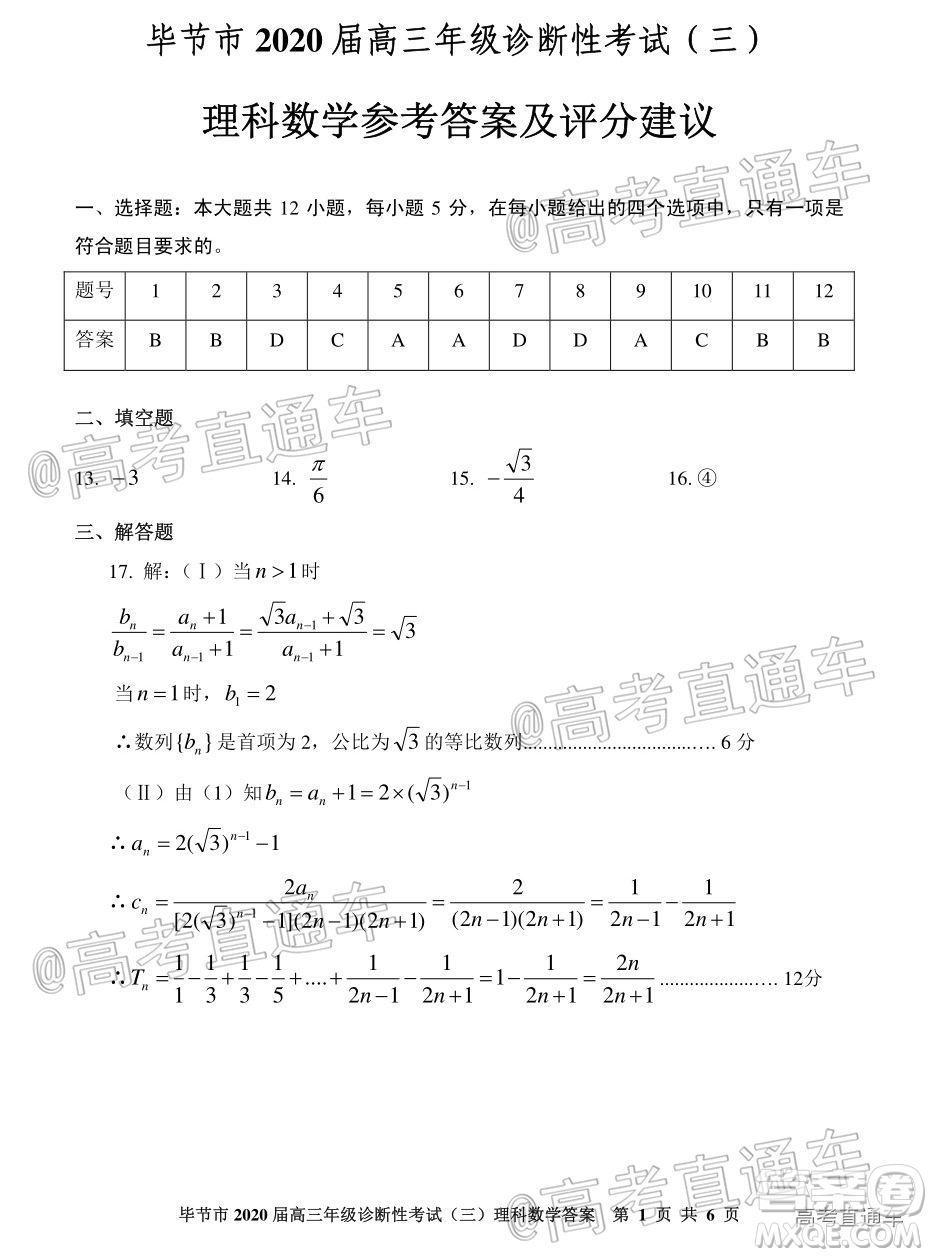 畢節(jié)市2020屆高三年級診斷性考試三理科數(shù)學(xué)試題及答案