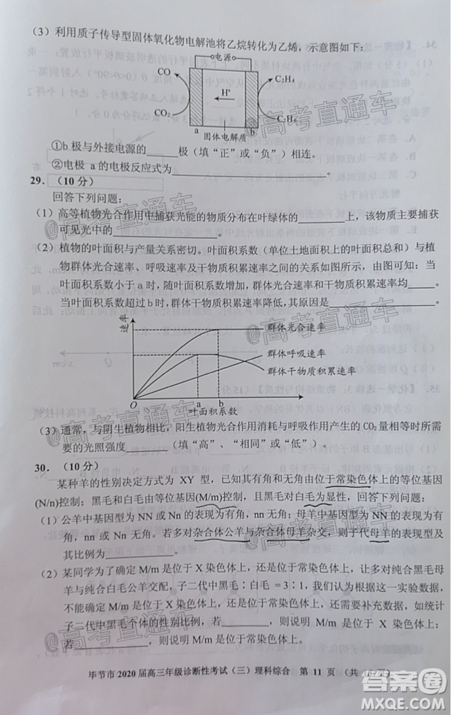 畢節(jié)市2020屆高三年級(jí)診斷性考試三理科綜合試題及答案