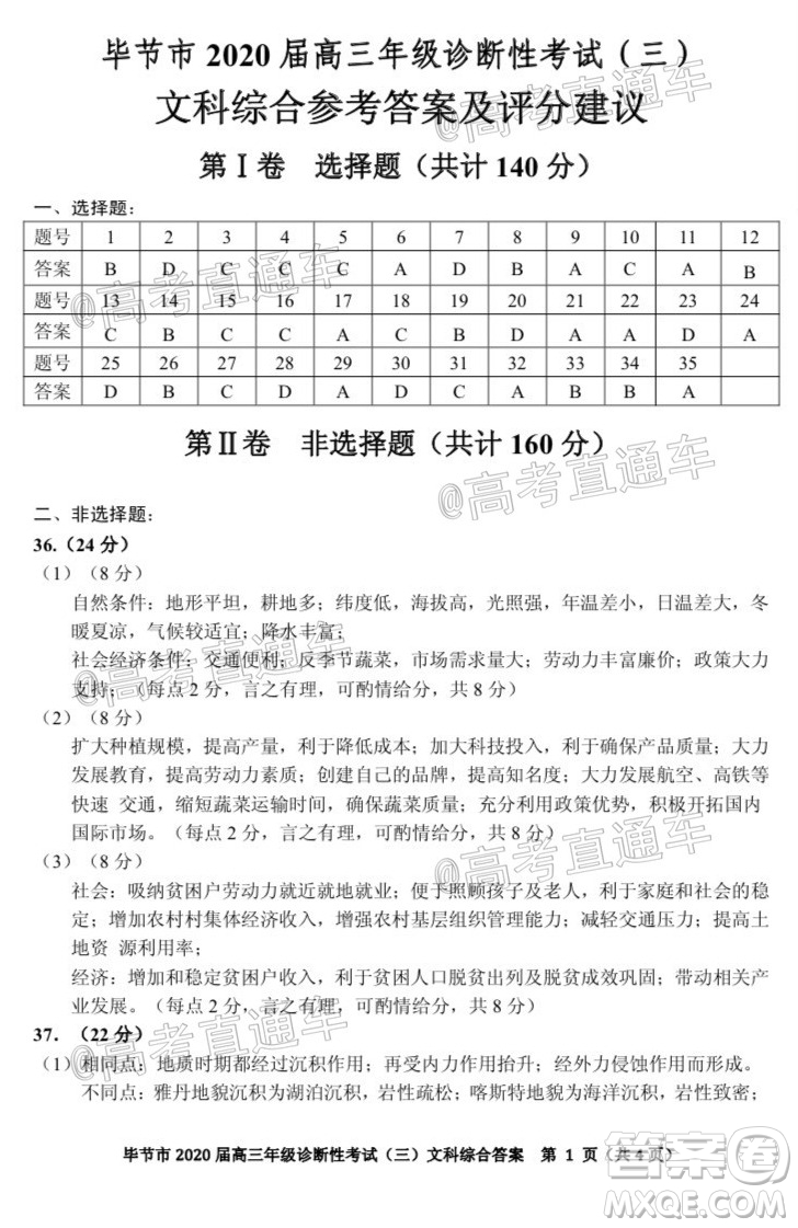 畢節(jié)市2020屆高三年級診斷性考試三文科綜合試題及答案