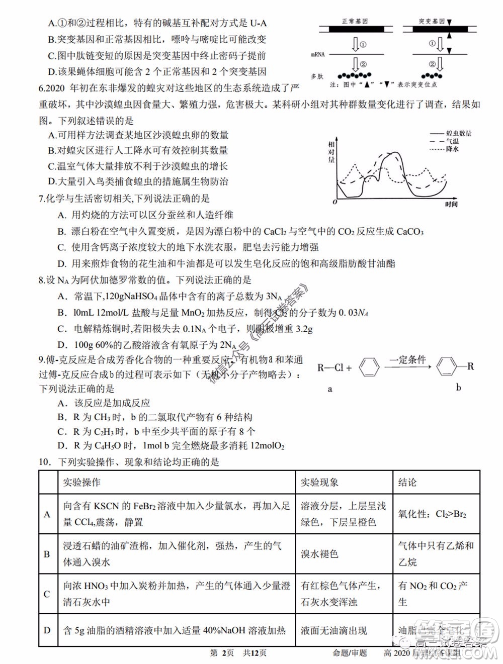 成都石室中學(xué)高2020屆高三三診模擬考試?yán)砜凭C合試題及答案