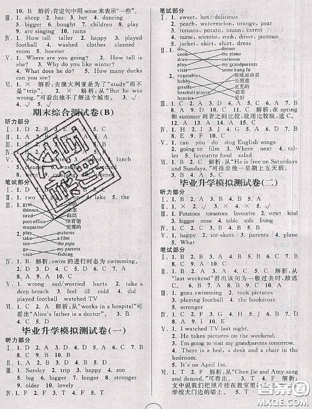 浙江大學出版社2020春浙江名卷六年級英語下冊人教版答案