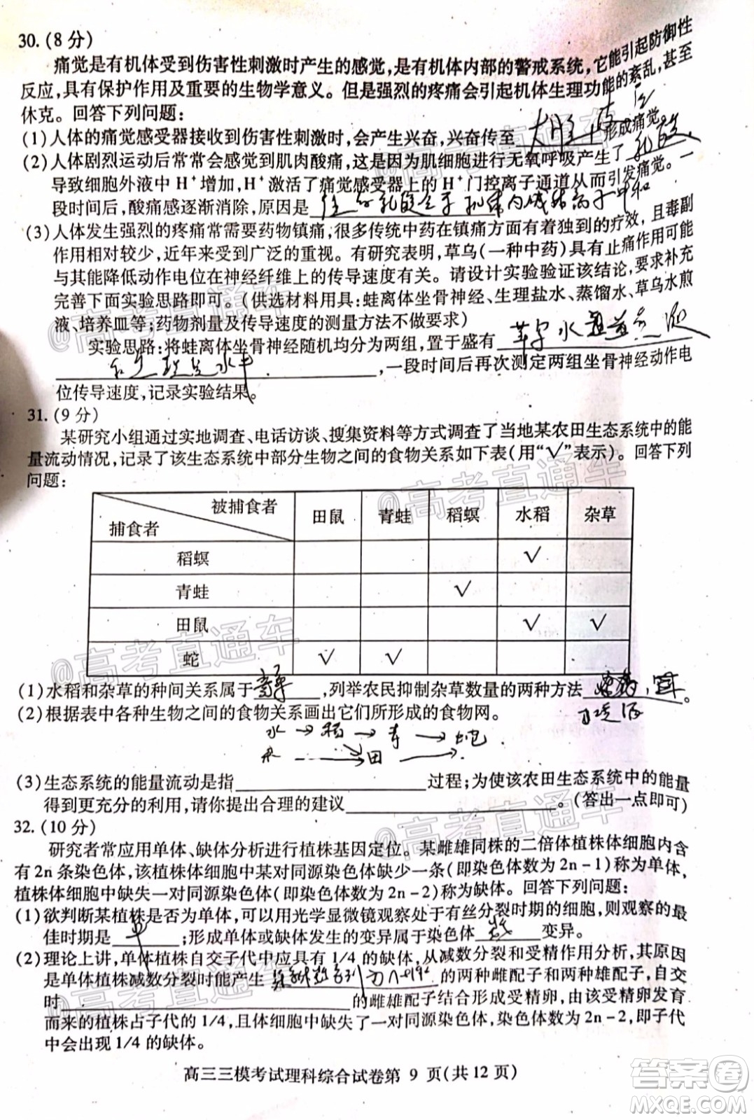 內(nèi)江市高中2020屆第三次模擬考試?yán)砜凭C合試題及答案