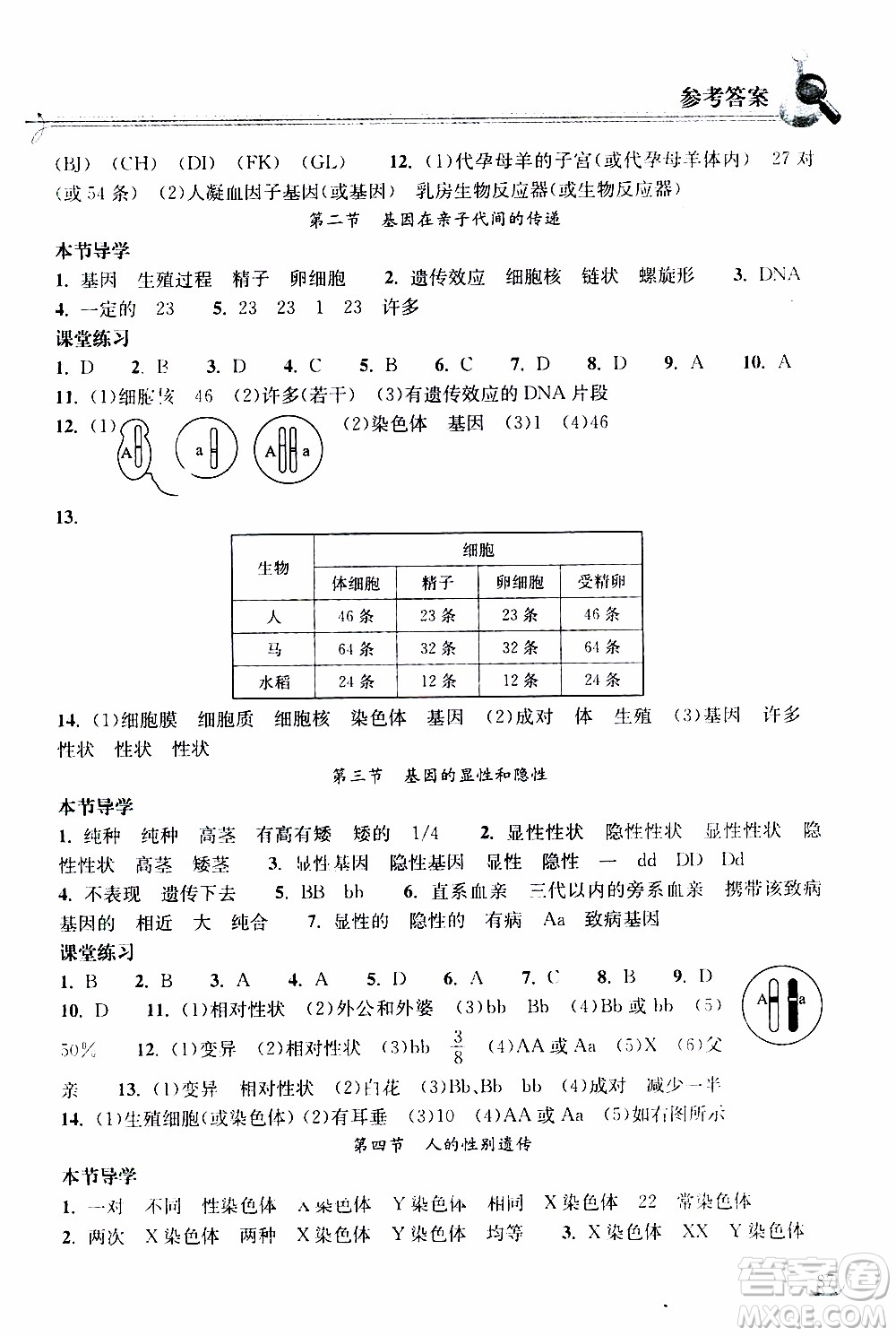 2020年長江作業(yè)本同步練習(xí)生物學(xué)八年級下冊人教版參考答案