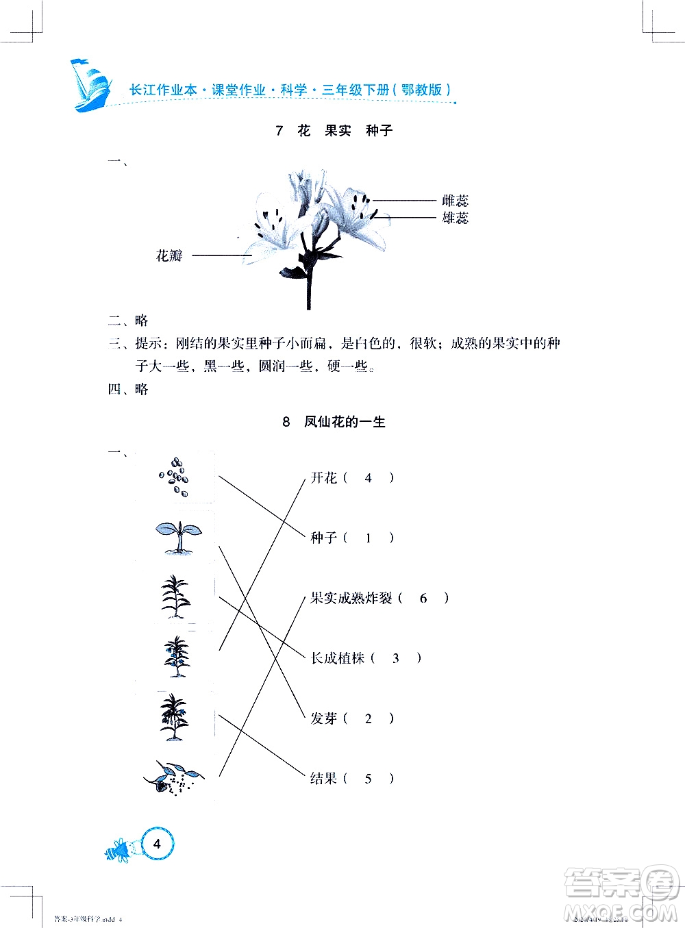 2020年長江作業(yè)本課堂作業(yè)科學(xué)三年級下冊鄂教版參考答案