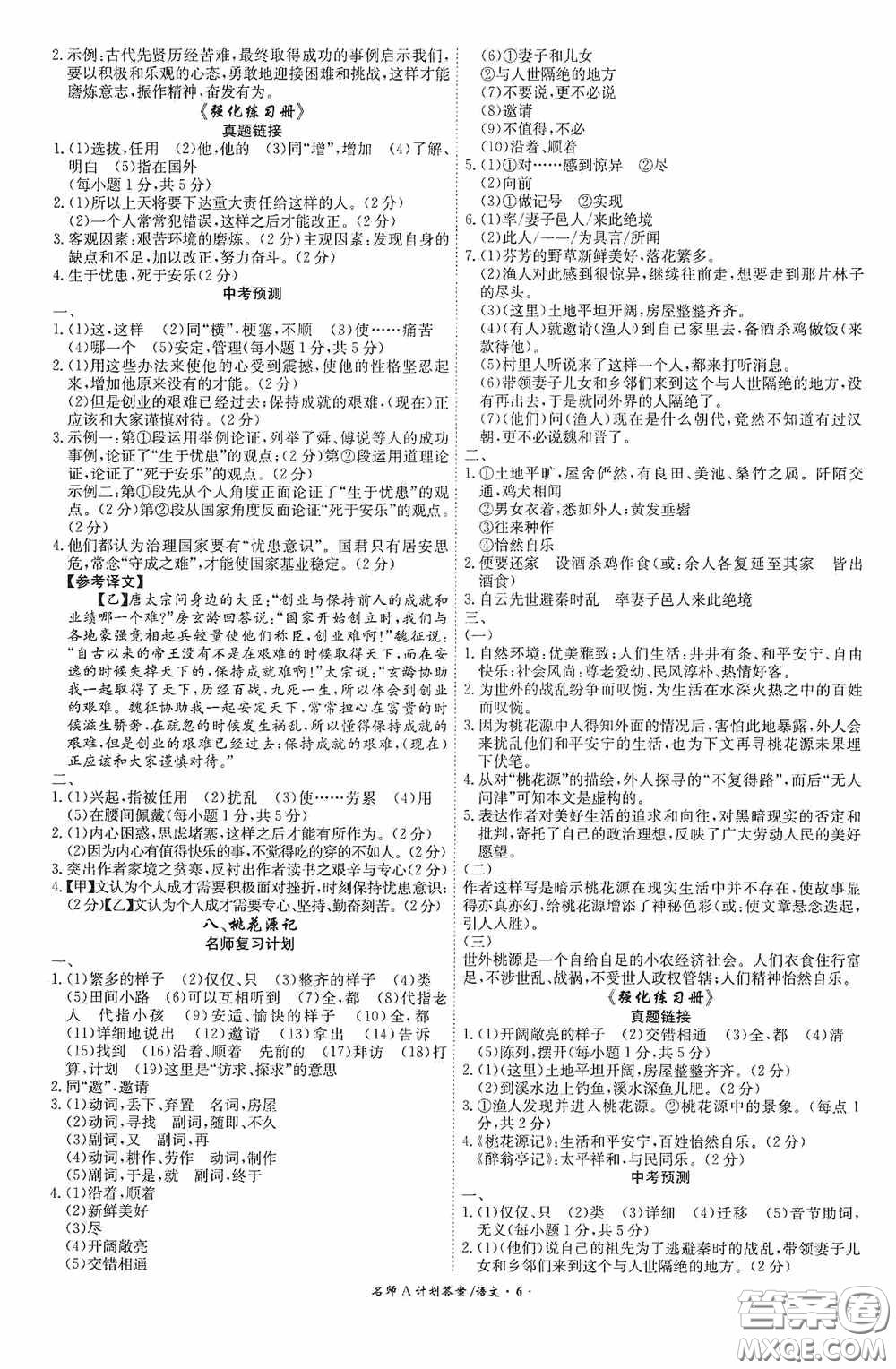 2020木牘教育安徽中考總復(fù)習(xí)名師A計(jì)劃強(qiáng)化練習(xí)冊(cè)語文答案