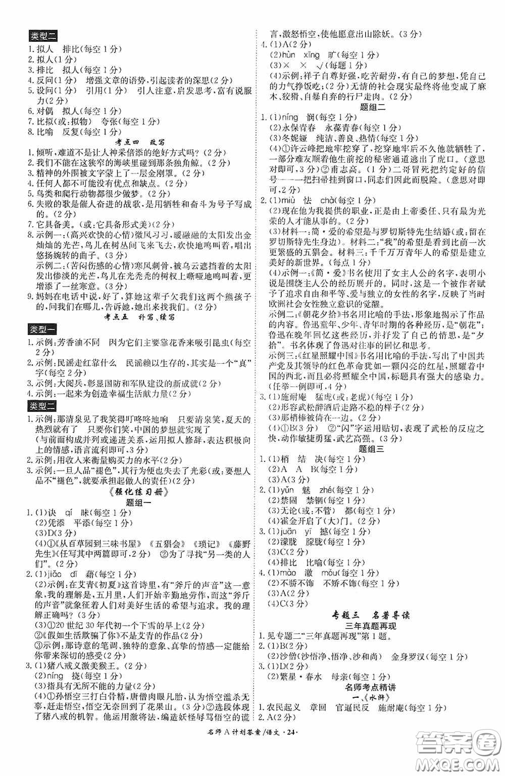 2020木牘教育安徽中考總復(fù)習(xí)名師A計(jì)劃強(qiáng)化練習(xí)冊(cè)語文答案