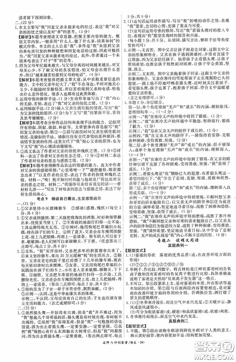 2020木牘教育安徽中考總復(fù)習(xí)名師A計(jì)劃強(qiáng)化練習(xí)冊(cè)語文答案