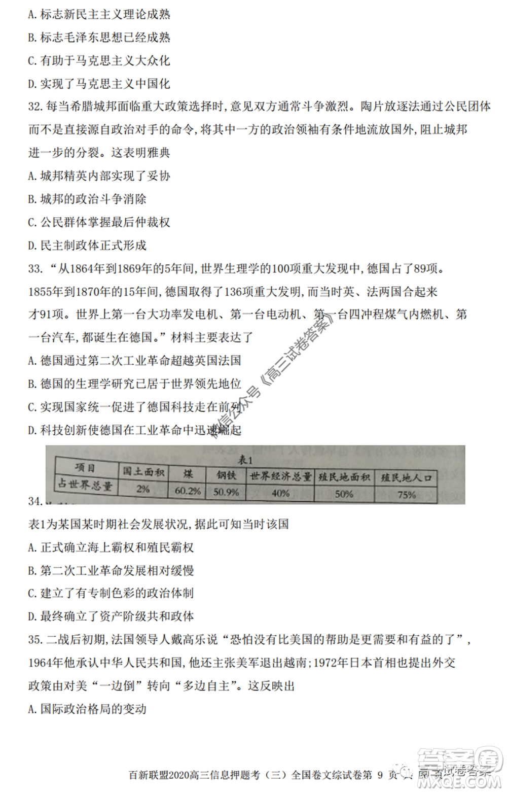 百師聯(lián)盟2020屆高三信息押題考三全國卷文科綜合試題及答案