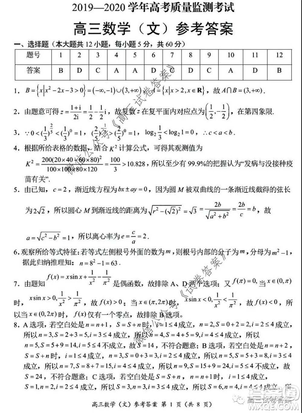 肇慶2019-2020學年高考質量監(jiān)測考試高三文科數(shù)學試題及答案