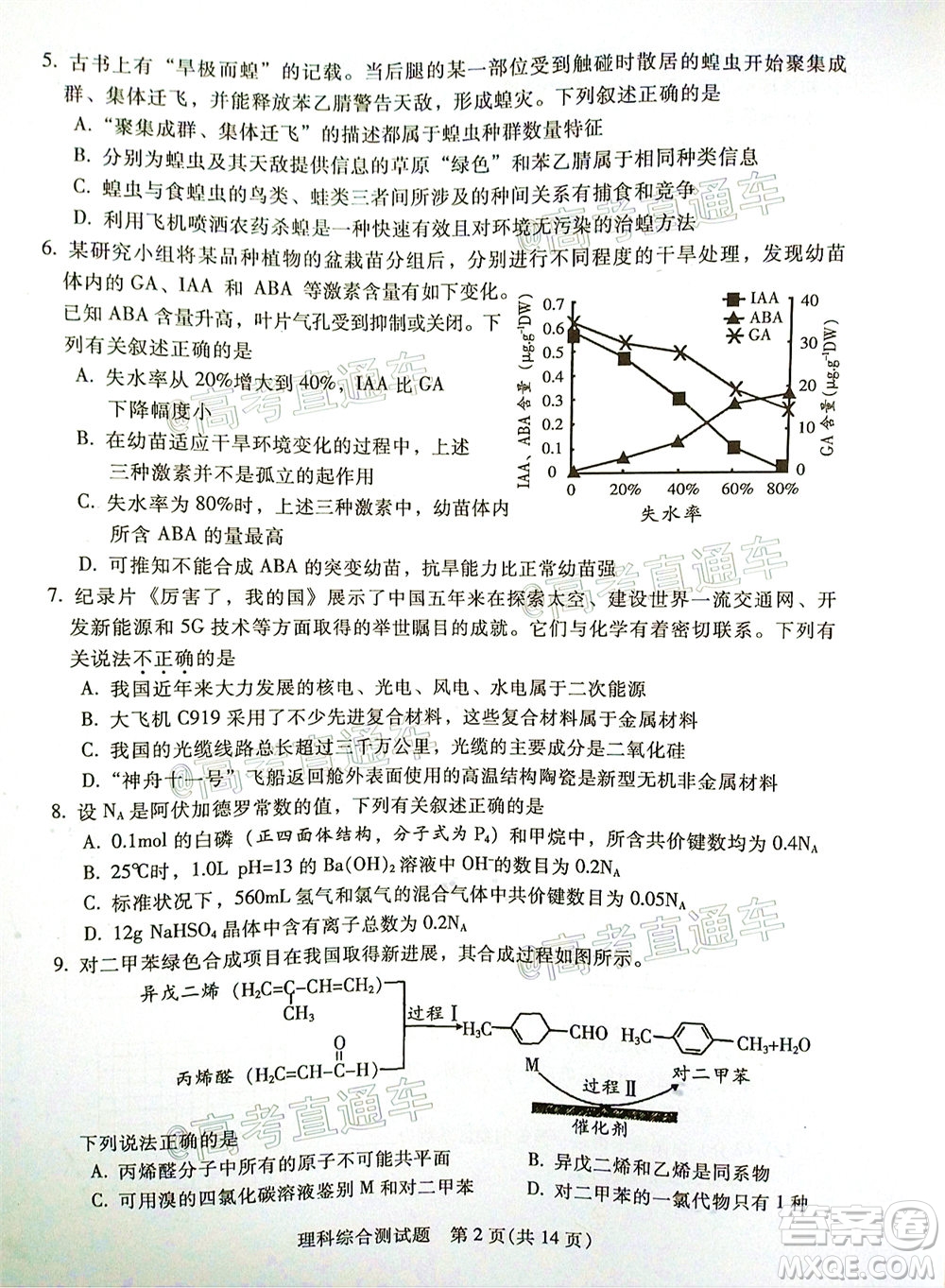 2020年韶關(guān)二模高三理科綜合試題及答案