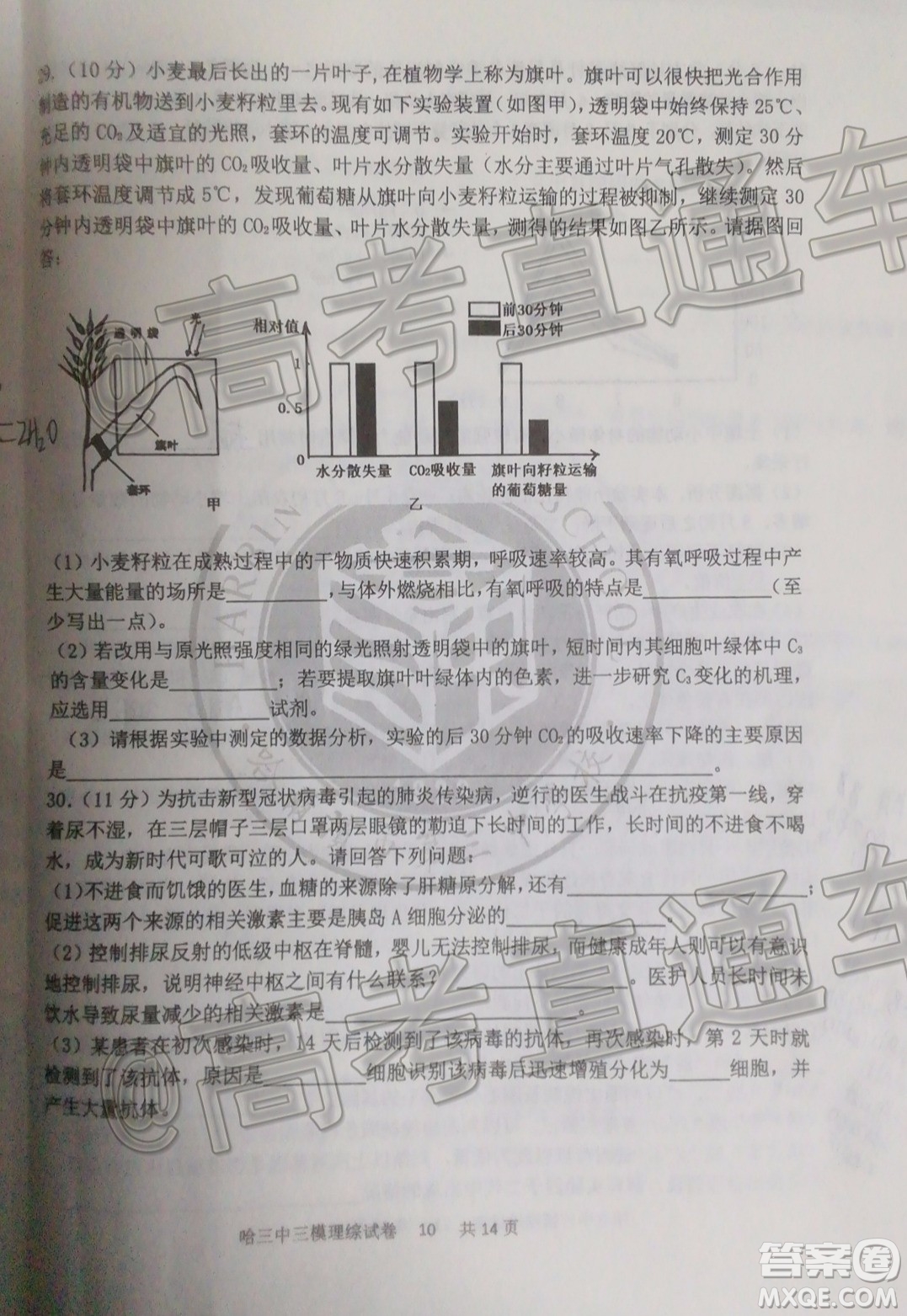 2020年哈三中三模高三理科綜合試題及答案