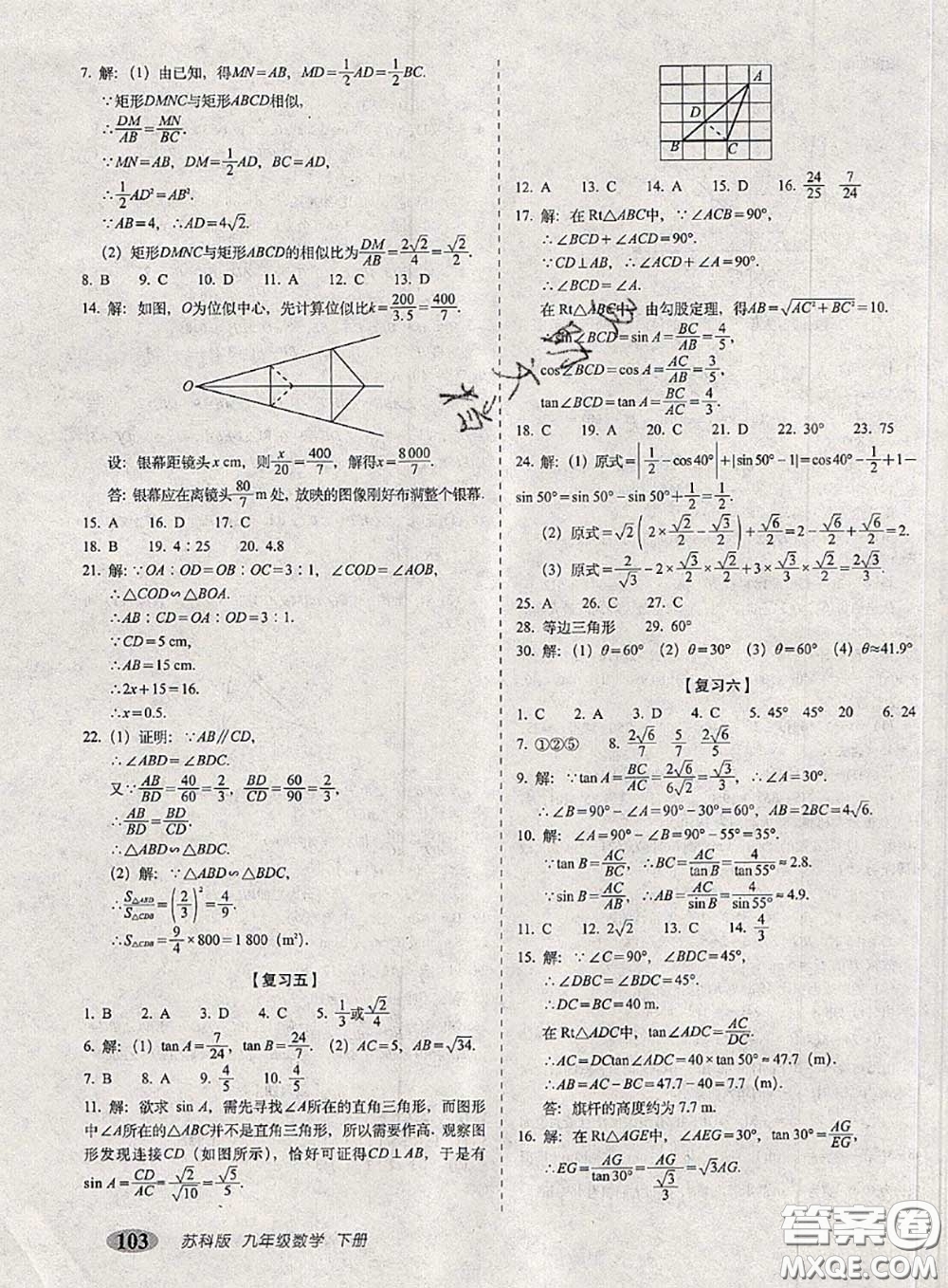 2020春聚能闖關(guān)100分期末復(fù)習(xí)沖刺卷九年級數(shù)學(xué)下冊蘇科版答案