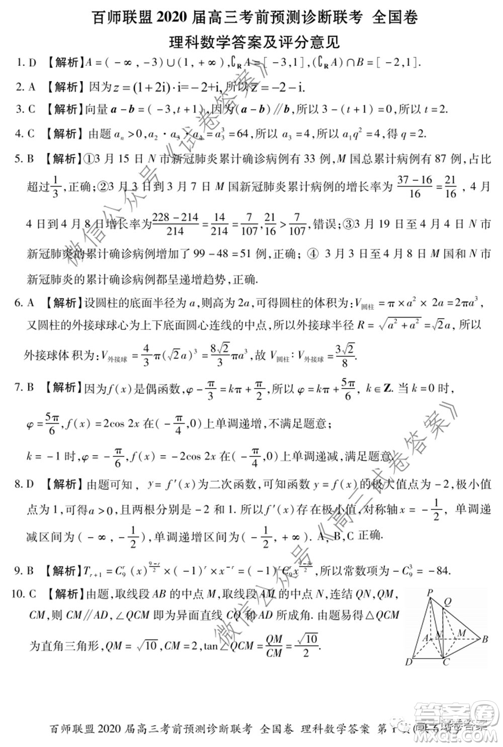 百師聯(lián)盟2020屆高三考前預(yù)測診斷性聯(lián)考全國卷一理科數(shù)學(xué)試題及答案