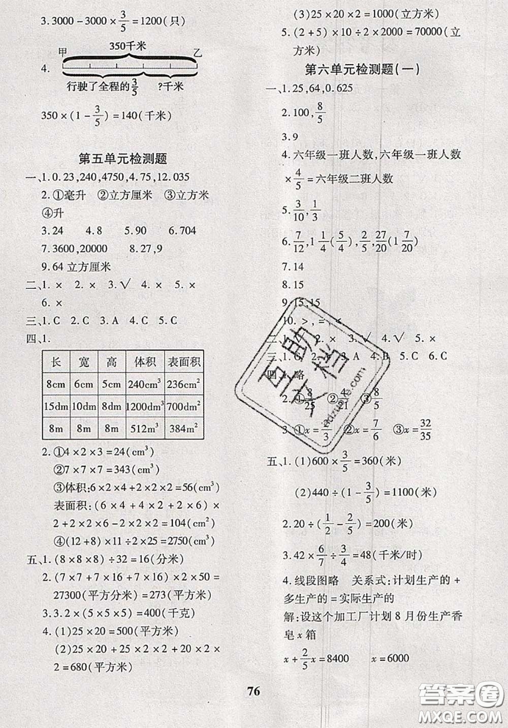 2020新版黃岡360度定制密卷五年級數(shù)學(xué)下冊冀教版答案