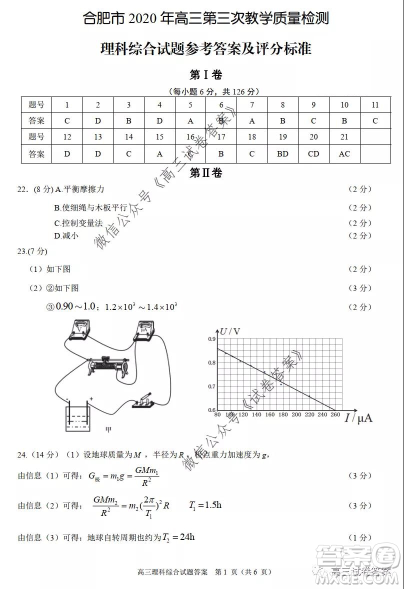 合肥市2020高三第三次教學質量檢測理科綜合試題及答案