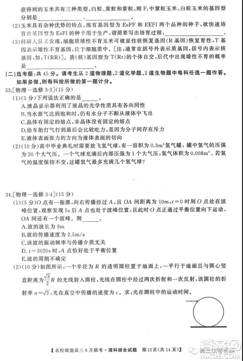 河南省名校聯(lián)盟2020屆高三下學(xué)期6月聯(lián)考理科綜合試題及答案