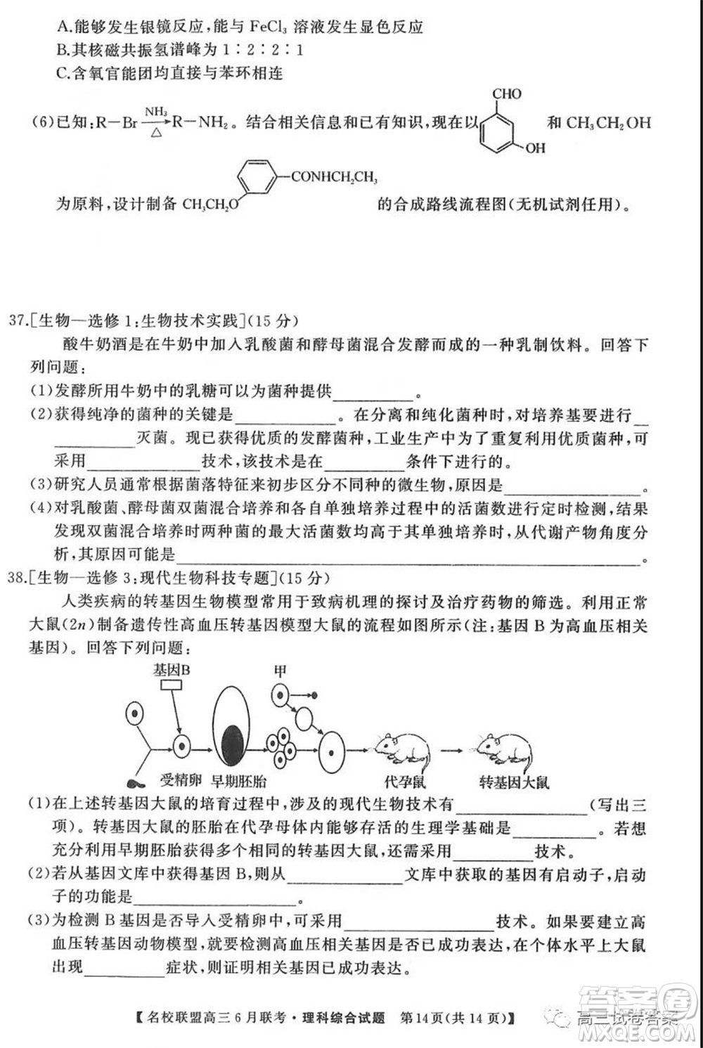 河南省名校聯(lián)盟2020屆高三下學(xué)期6月聯(lián)考理科綜合試題及答案