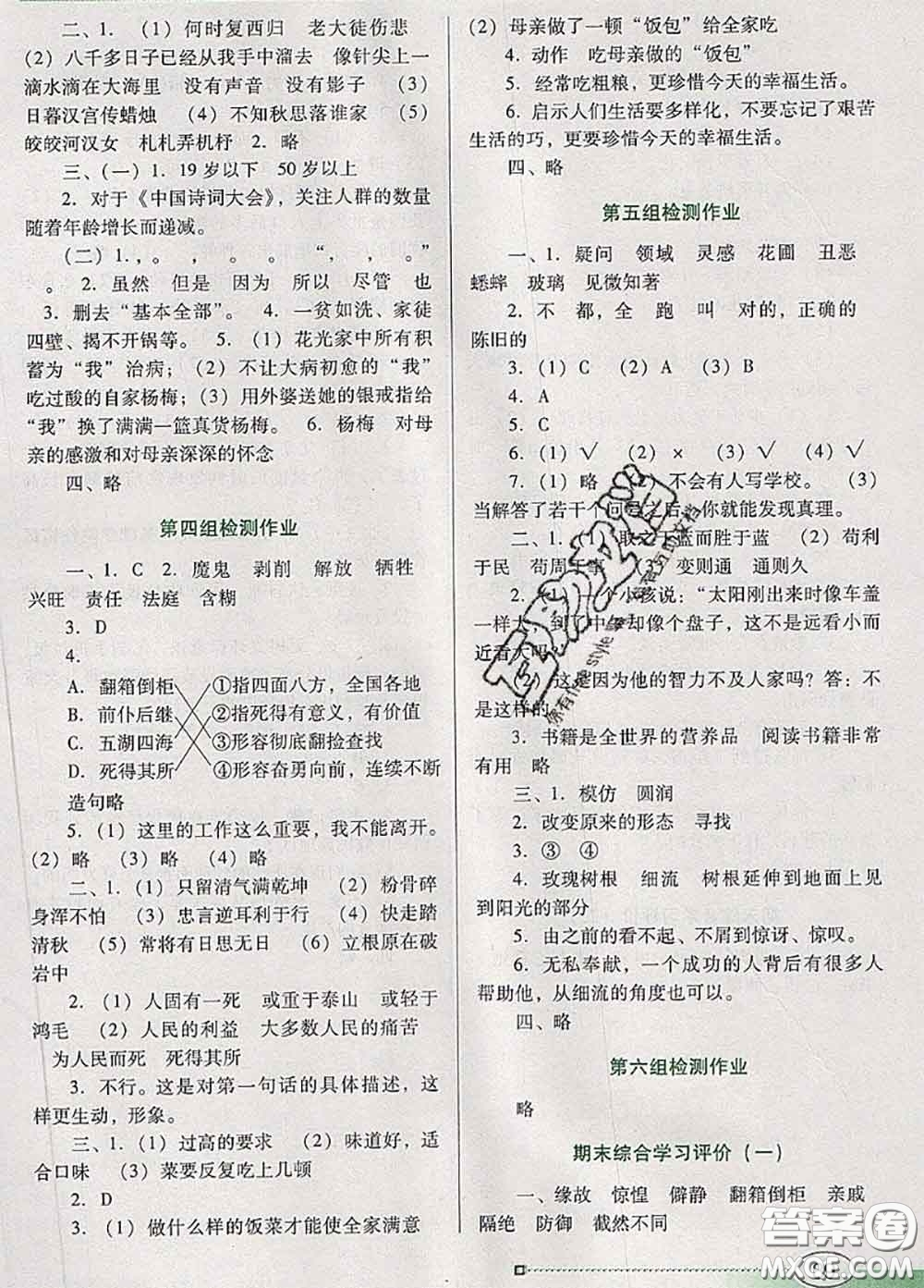 2020新版南方新課堂金牌學案六年級語文下冊人教版答案