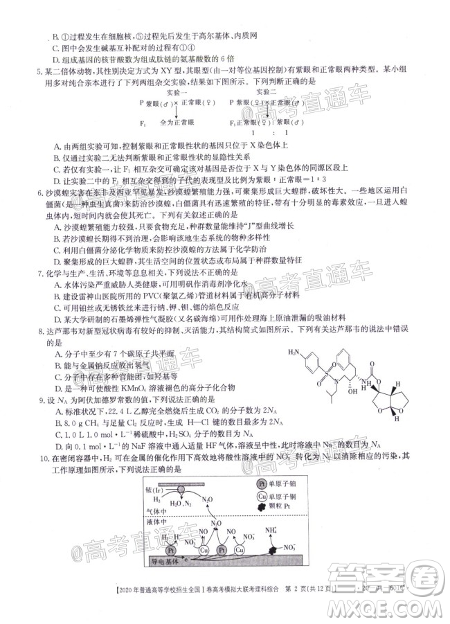 2020年金太陽全國一卷高考模擬大聯(lián)考理科綜合試題及答案