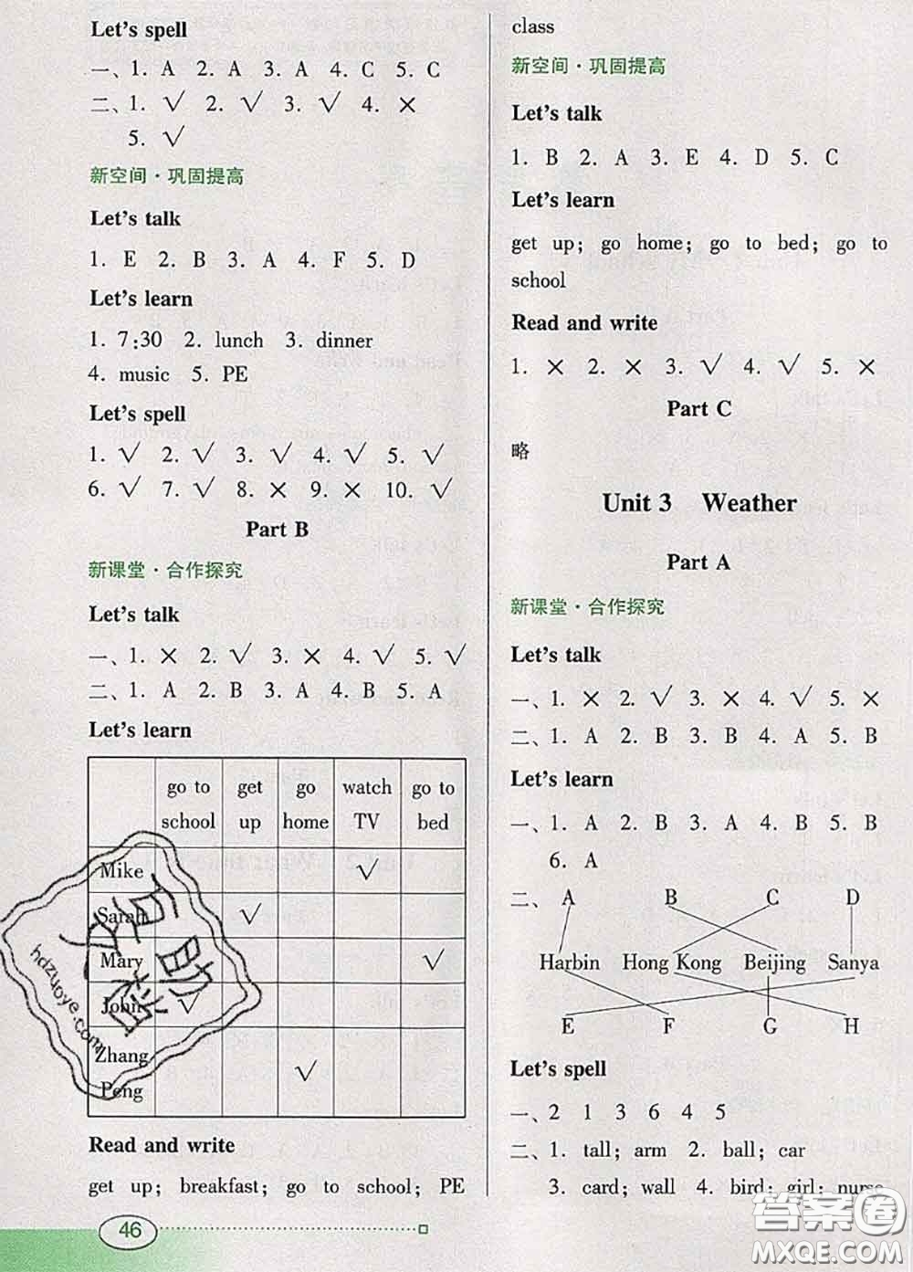 2020新版南方新課堂金牌學(xué)案四年級(jí)英語(yǔ)下冊(cè)人教版答案