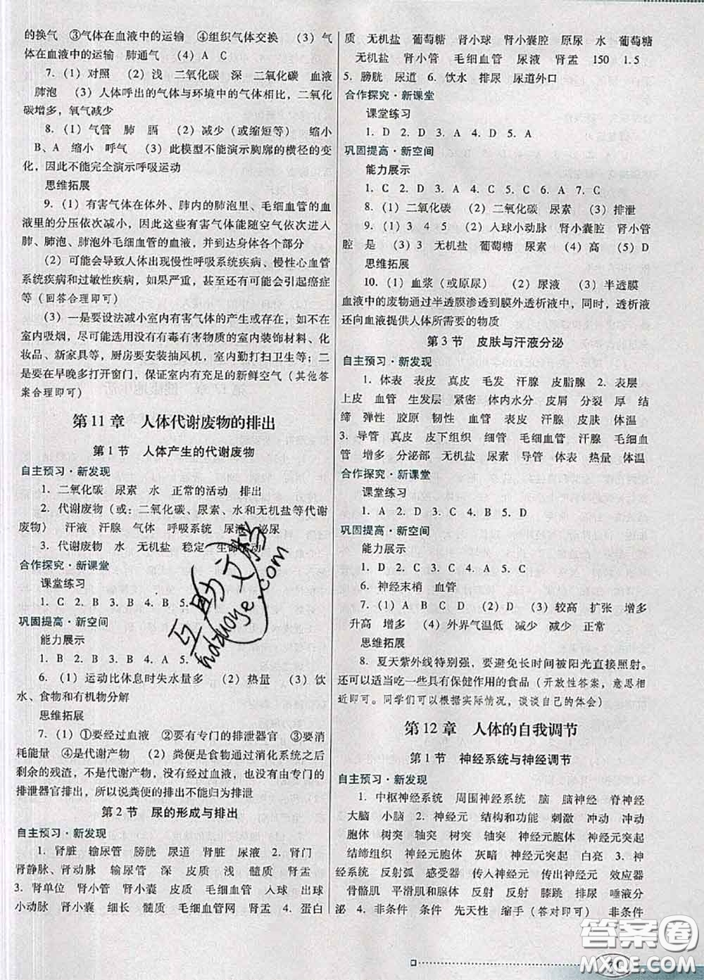 2020新版南方新課堂金牌學案七年級生物下冊北師版答案