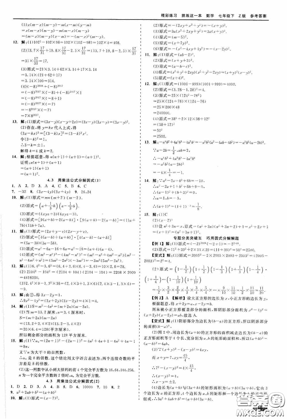 浙江工商大學(xué)出版社2020精彩練習(xí)就練這一本七年級數(shù)學(xué)下冊Z版B本答案