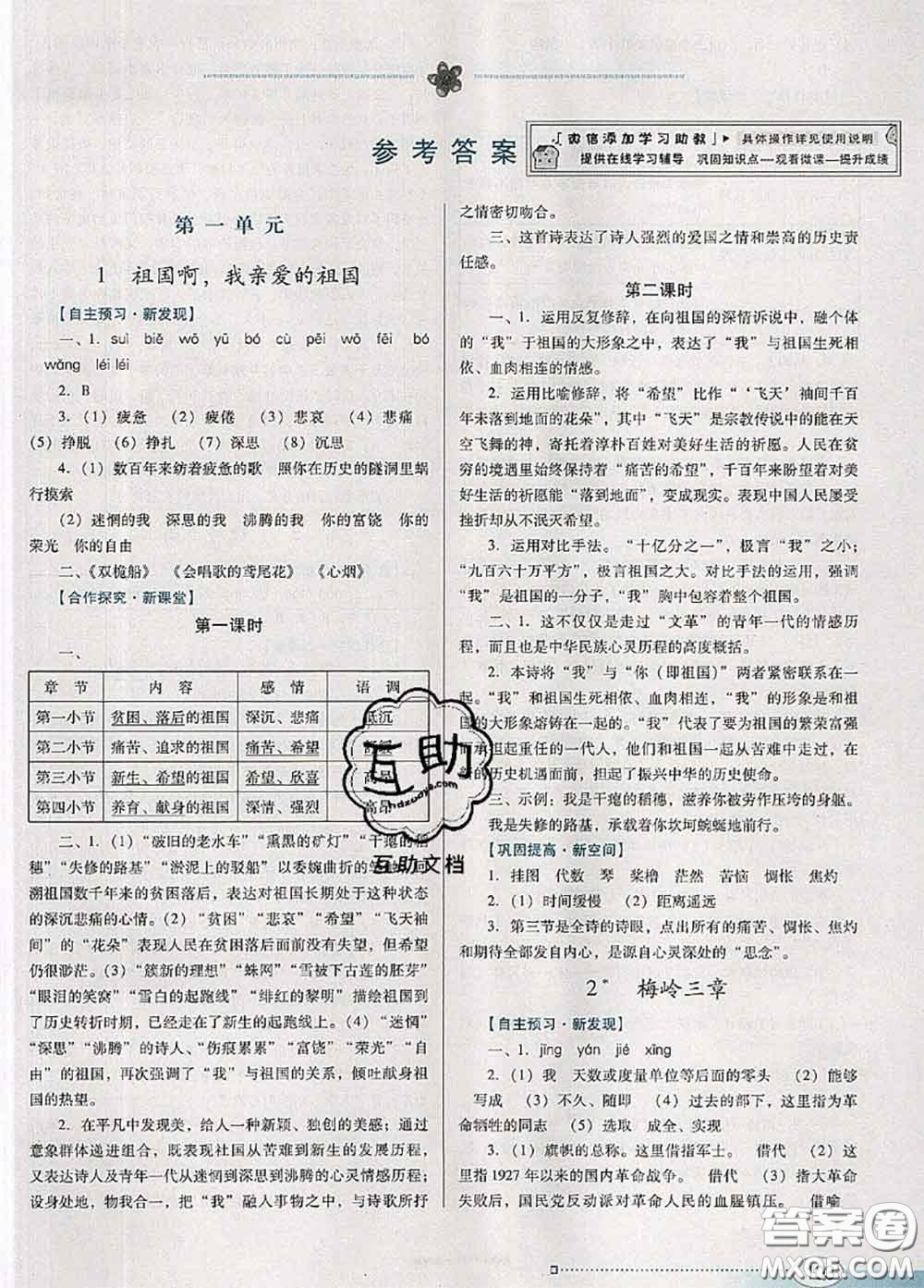 2020新版南方新課堂金牌學案九年級語文下冊人教版答案