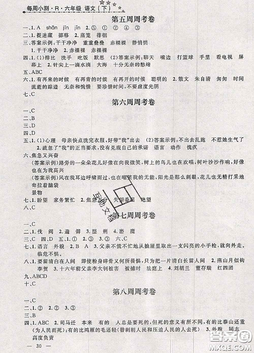 鐘書金牌2020春過關(guān)沖刺100分六年級語文下冊人教版答案