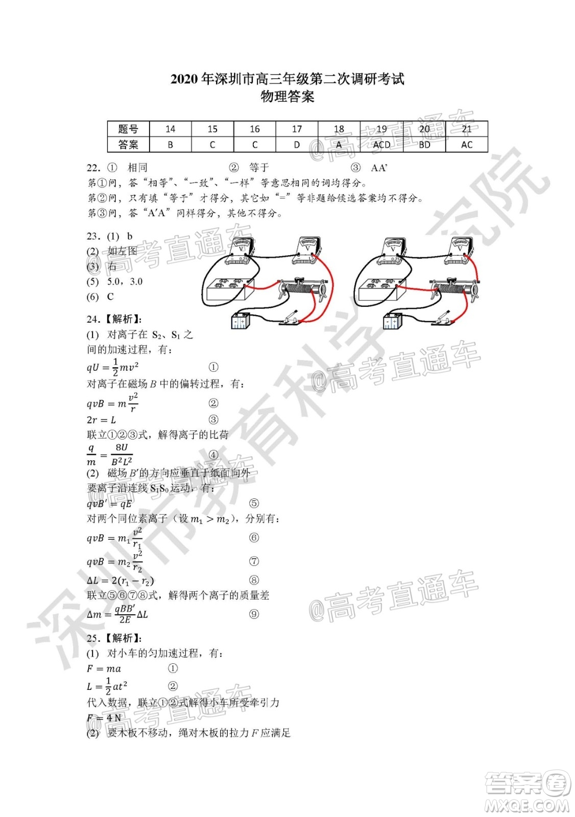 2020年深圳市高三年級第二次調研考試理科綜合試題及答案