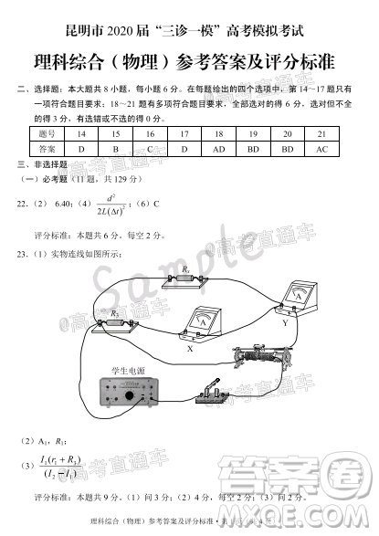 昆明市2020屆三診一模高考模擬考試理科綜合試題及答案