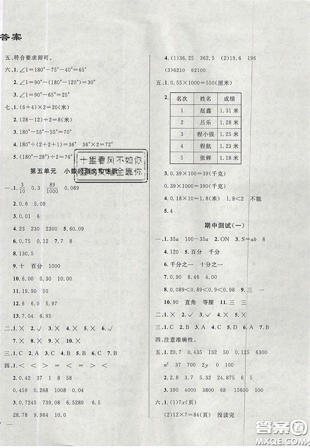 2020亮點(diǎn)激活精編提優(yōu)100分大試卷四年級數(shù)學(xué)下冊青島版答案