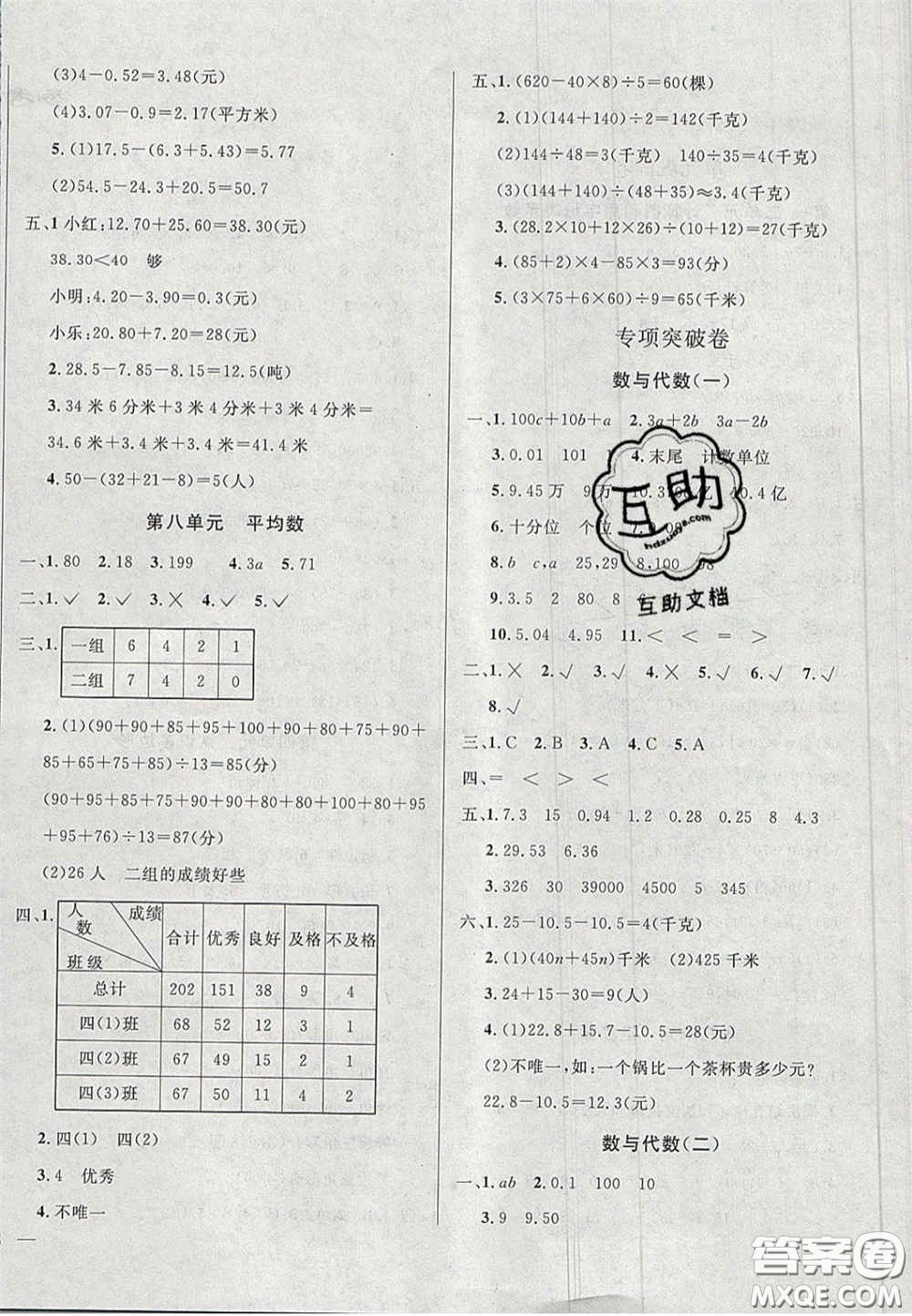 2020亮點(diǎn)激活精編提優(yōu)100分大試卷四年級數(shù)學(xué)下冊青島版答案